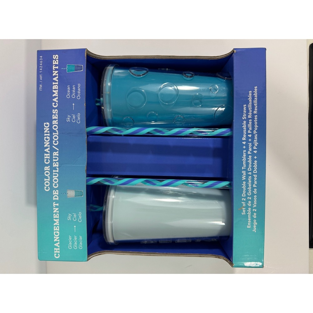 Parker Lane Color Changing Tumblers Unisex 22oz Blue New 2 Pack Reusable Straws
